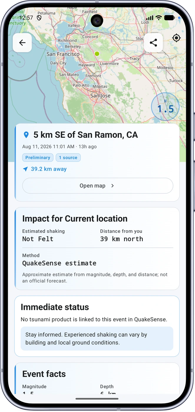 Impact details screen with earthquake map, facts, and personal context